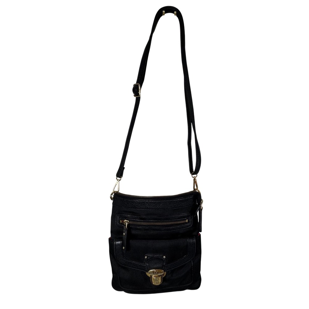 JPK Paris 75 Black Nylon Leather Trim Crossbody Bag Floral Lining Multi-Pocket